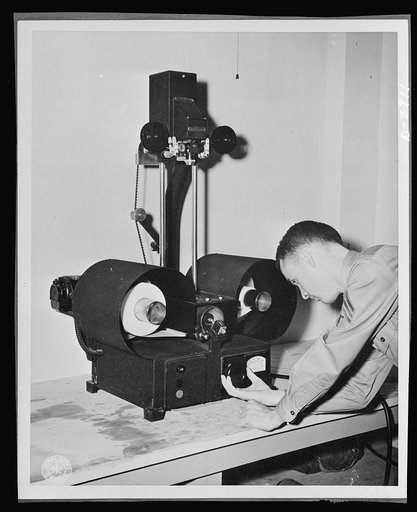 V-mail. Enlarged reproduction from V-mail microfilm are made on a continuous enlarger at the Pentagon building, Washington, D.C.  V-mail is available to and from the armed forces stationed outside the United States. It is only 1/65th the weight of ordinary mail and saves ninety-eight percent of the 