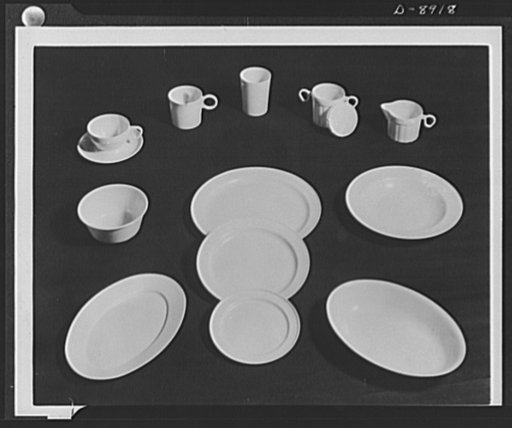 Plastic tableware for the Navy. A set of plastic tableware for naval officers' table. These streamlined dishes replace crockery and aluminum tableware previously used on naval vessels
