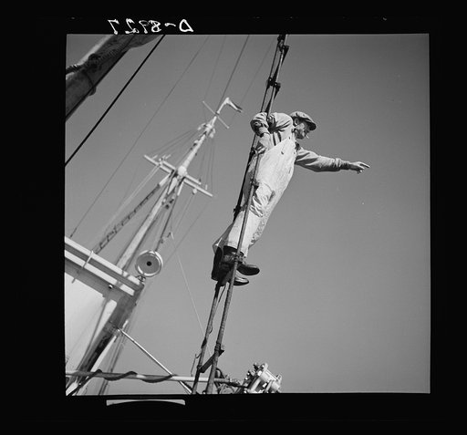 Victory food from American waters. A lookout climbs the cables high above Old Glory's deck to check on location of other trawlers. When one trawler strikes good fishing ground the captain notifies other boats in the fleet