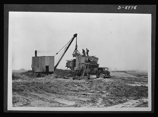 Reciprocal aid. Preparing an airfield in Britain for the U.S. Army Air Forces. British labor and material is used in the construction of runways, offices, sleeping quarters and all essential services required for an airport. These facilities are supplied to the United States under the Reciprocal Aid