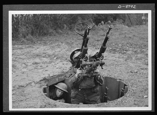 Reciprocal aid. American and British air forces work together in defense of a British airfield. A member of the Royal Air Force handles the anti-aircraft gun in the foreground with American fighting forces shown in the rear. Many airfields and much British equipment have been provided for American a
