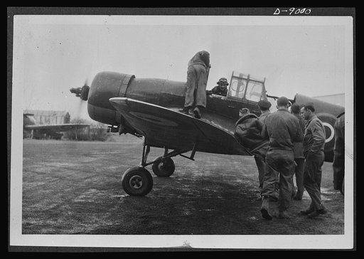 Reciprocal aid. American pilots at an airfield in Britain built for the U.S. Air Forces use a British "Master" aircraft for communications. American and British air forces work side by side in the European theatre, with Britain furnishing important supplies and equipment under the Reciprocal Aid Pro