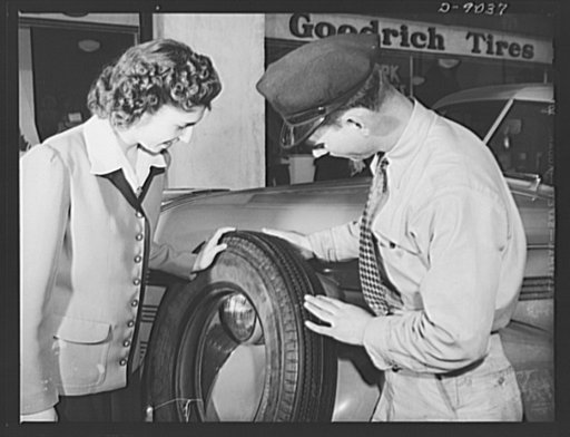 Tire recapping. A newly recapped passenger car tire to go back on the wheel. The plan to recap passenger tires with reclaimed rubber camelback, approved by Rubber Director William M. Jeffers, was put into effect in February 1943 to reduce the demand for replacement tires and still keep civilian cars