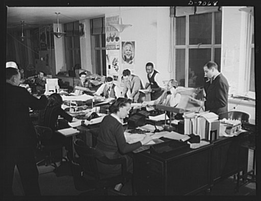 Office of War Information News Bureau. Like a busy city desk, the domestic news desk concentrates on getting releases out to meet deadlines of its press room's seventy-five to one hundred correspondents. After they reach the Office of War Imformation, each of the fifty or more daily releases are pas