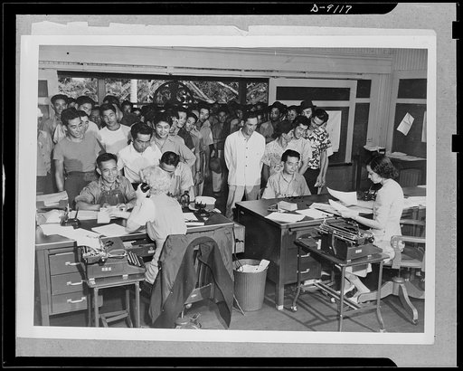 Japanese enlistment. Official announcement recently of formation of a combat regiment to be made up of 1,500 Americans of Japanese ancestry was the signal for hundreds of loyal citizens in Hawaii to go to their draft boards and sign up. Here, a group of 110, many of them married and fathers, are smi
