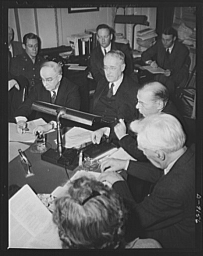 Lend-lease hearings. Secretary of War Henry L. Stimson describes value of lend-lease to the army, at a hearing before the House Foreign Affairs Committee; Representative Sol Bloom presides