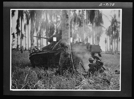 Troops in Australia. In the final assault on Buna, American light tanks, manned by Australian crews, smashed through Japanese pillboxes. In this picture, taken during the actual fighting, an Australian mortar crew has fired on enemy troops 150 yards away fleeing from a busted pillbox. Note shell-tor