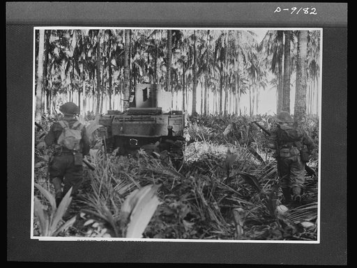 Troops in Australia. Led by Australian-manned American light tanks, Allied infantry attack Buna. This picture, taken during the actual fighting, shows the dense tropical growth under which the battle was fought