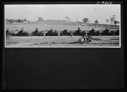 Australia in the war. Part of an Australian tank squadron lines up for gunnery practice. This unit, equipped with American tanks, has a firing power previously unheard of in Australia