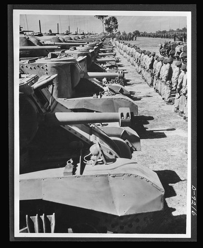 Australia in the war. An Australian armored division, equipped with American tanks, lined up for review at a camp somewhere in Australia