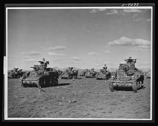 Australia in the war. American light tanks, manned by Australian crews, are playing an important role in the development of a formidable Australian mechanized army. The tanks shown here, provided by the United States under lend-lease, are being used in training armored crews