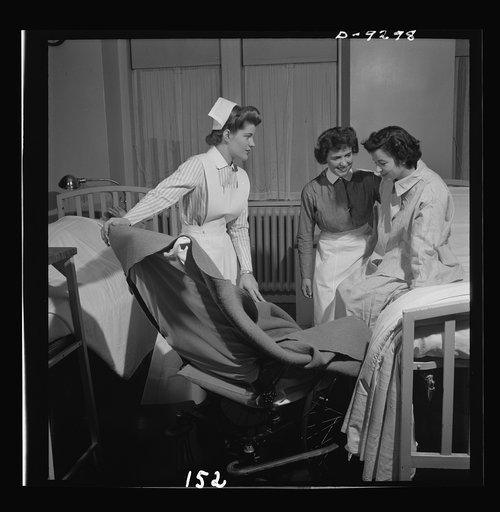 Nurse training. In these busy days, student nurses themselves must often instruct probationers in many things, such as methods of getting a patient from bed to wheelchair