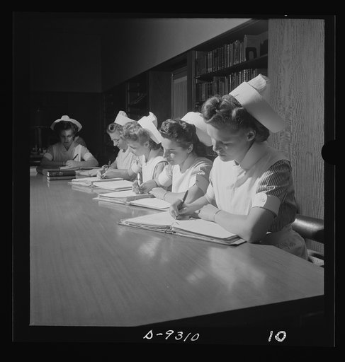 Nurse training. Study hall where student nurses prepare their daily assignments