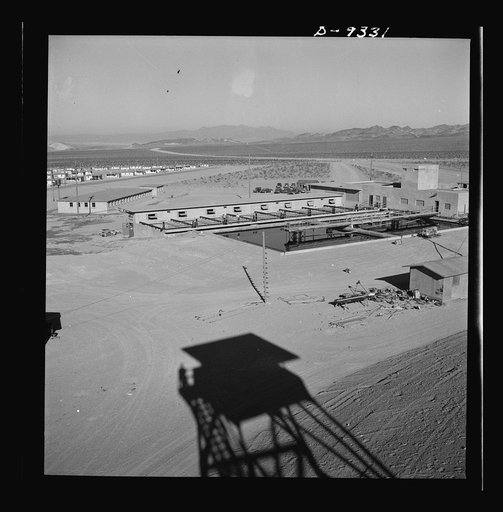 Production. Magnesium. The shadow of a watchtower at the huge Basic Magnesium plant in the southern Nevada desert points to a water treatment plant in which water piped for miles is conditioned for many uses in the plant and its employee housing development