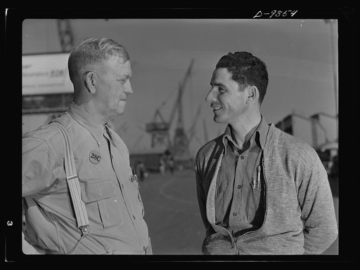 Baseball players in war production. Lunch hour at California Ship Building Corporation finds two of baseball's major leaguers talking things over. As fellow ship-builders at the California shipyards, George Stovall, retired manager of the Cleveland Indians, and Vince DiMaggio, Pittsburgh Pirates out