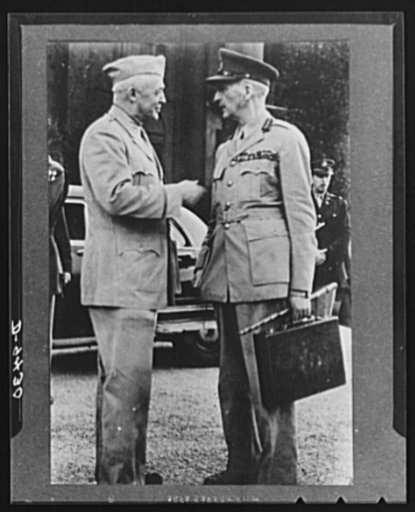 Allied military conference in India. At the recent military conferences in India, where Allied leaders met to plan joint strategy. General H.H. Arnold (left), chief of U.S. Army Air Forces, stops to talk things over with Field Marshal Sir John Dill, a member of the Allied Joint Staff in Washington, 