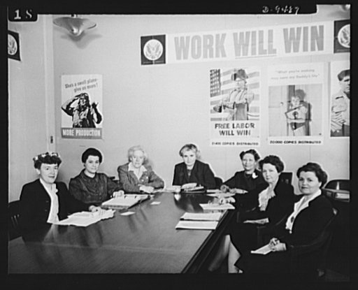 War Manpower Commission Women's Advisory Committee. Seven of the twelve members of the Women's Advisory Committee, WMC, are shown at a meeting in Washington, D.C., March 18, 1943. Reading from left to right, they are: Mrs. Beatrice Gould, editor, Ladies' Home Journal; Mrs. Harris T. Baldwin, vice-pr