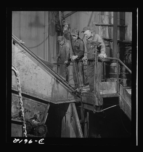 Production. Zinc. Tending a rock crusher at a large zinc concentrator. From the Eagle-Picher plant near Cardin, Oklahoma, come great quantities of zinc and lead to serve many important purposes in the war effort