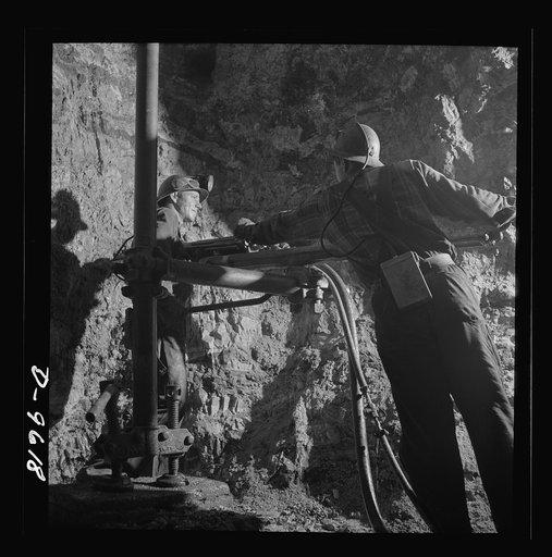 Production. Zinc. Blast hole drillers at a zinc mine of the Eagle-Picher Company near Cardin, Oklahoma, from which come great quantities of zinc and lead to serve many important purposes in the war effort