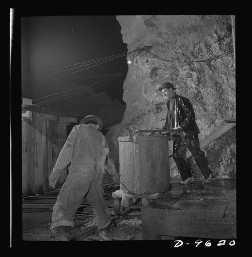 Production. Zinc. A bucket of zinc ore ready for hoisting from a mine serving a large concentrator. From the Eagle-Picher plant near Cardin, Oklahoma, come great quantities of zinc and lead to serve many important purposes in the war effort