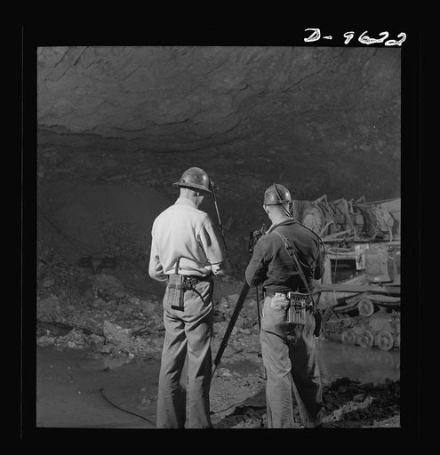 Production. Zinc. Surveyors in a zinc mine which serves a large concentrator. From the Eagle-Picher plant near Cardin, Oklahoma, come great quantities of zinc and lead to serve many important purposes in the war effort