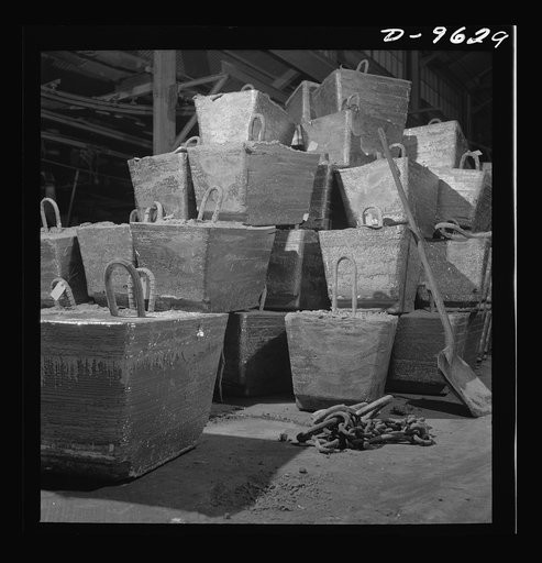 Production. Zinc. Jumbo blocks of lead weighing 2,500 pounds each at a large smelting operation. From the Eagle-Picher plant near Cardin, Oklahoma, come great quantities of zinc and lead to serve many important purposes in the war effort