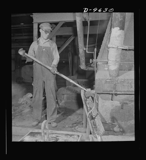 Production. Zinc. A stream of molten zinc flows from a furnace at a large smelting operation. From the Eagle-Picher plant near Cardin, Oklahoma, come great quantities of zinc and lead to serve many important purposes in the war effort