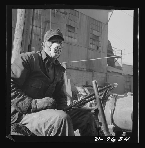 Production. Zinc. The operator of a zinc ore leader at a large smelting plant is protected against harmful dust by a mask. From the Eagle-Picher plant near Cardin, Oklahoma, come great quantities of zinc and lead to serve many important purposes in the war effort