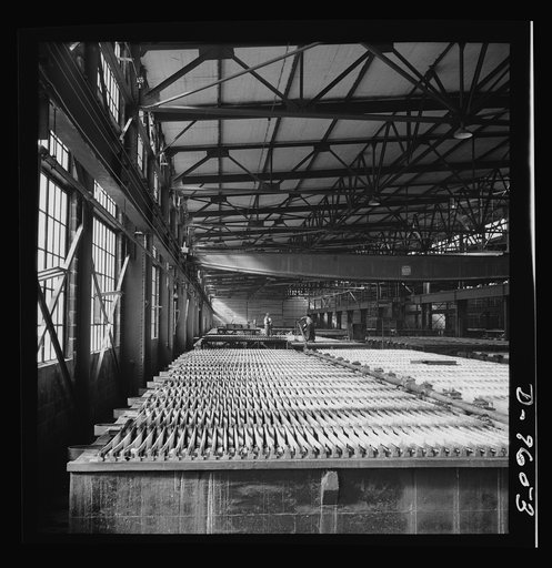 Production. Copper (refining). Electrolytic tanks in a large copper refining operation. Sheets of pure copper are formed by electrolysis, later melted and poured into ingots. Large amounts of copper are produced for the war effort at the El Paso, Texas plant of Phelps-Dodge Refining Company