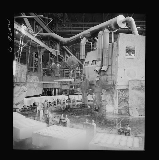 Production. Copper (refining). Casting house in a large copper refining operation. Here sheets of pure copper, formed by electrolysis, are melted and cast into ingots. Large amounts of copper are produced for the war effort at the El Paso, Texas plant of Phelps-Dodge Refining Company
