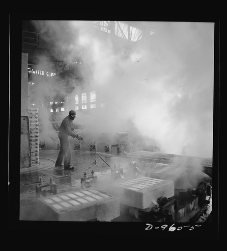 Production. Copper (refining). Casting house in a large copper refining operation. Here sheets of pure copper, formed by electrolysis, are melted and cast into ingots. Large amounts of copper are produced for the war effort at the El Paso, Texas plant of Phelps-Dodge Refining Company