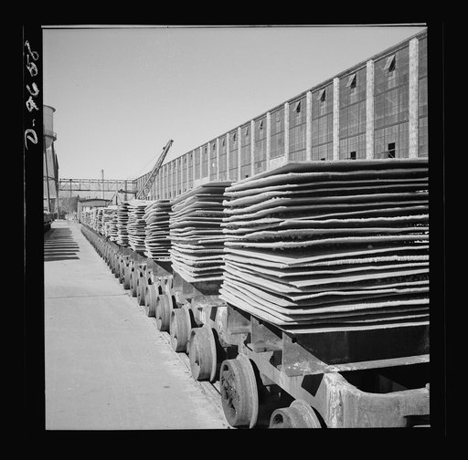 Production. Copper (refining). Sheets of copper produced by electrolysis at a large refining operation. These will be melted and cast into ingots. Large amounts of copper are produced for the war effort at the El Paso, Texas plant of Phelps-Dodge Refining Company