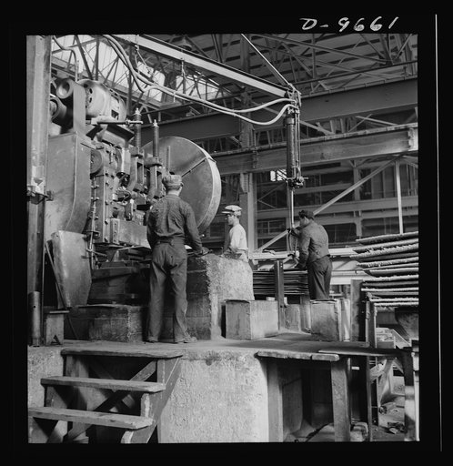 Production. Copper (refining). Shearing sheets of copper produced by electrolysis at a large refining operation. Large amounts of copper are produced for the war effort at the El Paso, Texas plant of Phelps-Dodge Refining Company