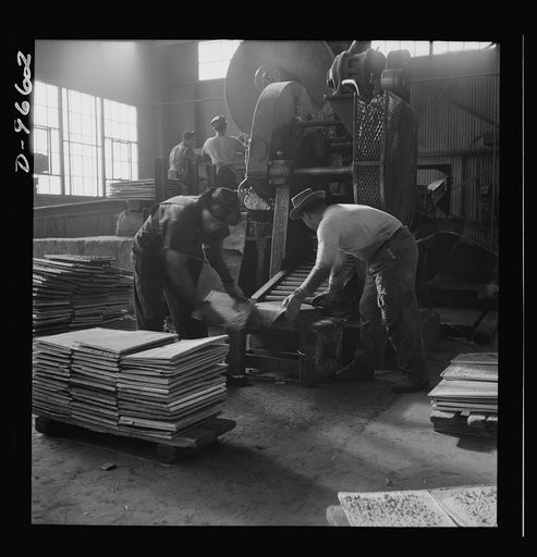 Production. Copper (refining). Sheared sheets of copper produced by electrolysis at a large refining operation. Large amounts of copper are produced for the war effort at the El Paso, Texas plant of Phelps-Dodge Refining Company