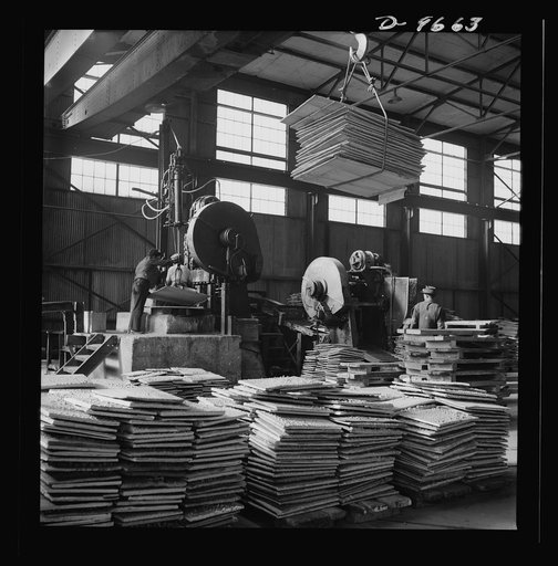 Production. Copper (refining). Sheared sheets of copper produced by electrolysis at a large refining operation. Large amounts of copper are produced for the war effort at the El Paso, Texas plant of Phelps-Dodge Refining Company