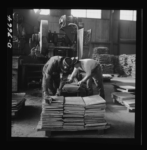 Production. Copper (refining). Sheared sheets of copper produced by electrolysis at a large refining operation. Large amounts of copper are produced for the war effort at the El Paso, Texas plant of Phelps-Dodge Refining Company