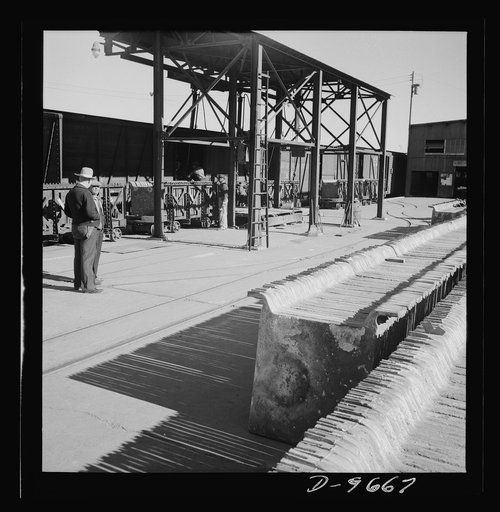 Production. Copper (refining). Sheets of copper produced by electrolysis at a large refining operation. These will be melted and cast into ingots. Large amounts of copper are produced for the war effort at the El Paso, Texas plant of Phelps-Dodge Refining Company