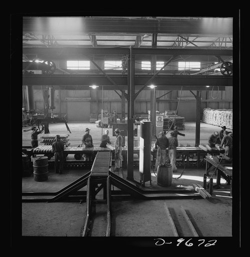 Production. Copper (refining). Copper ingots on conveyors at a large copper refining operation. Large amounts of copper are produced for the war effort at the El Paso, Texas plant of Phelps-Dodge Refining Company