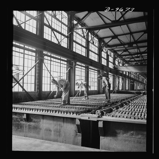 Production. Copper (refining). Electrolytic tanks in a large copper refining operation. Sheets of pure copper are formed by electrolysis, later melted and poured into ingots. Large amounts of copper are produced for the war effort at the El Paso, Texas plant of Phelps-Dodge Refining Company