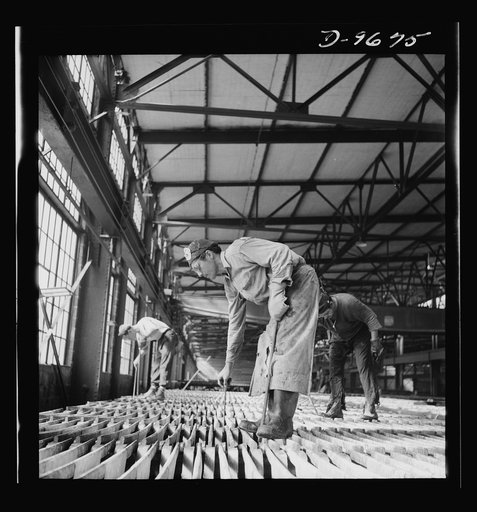 Production. Copper (refining). Electrolytic tanks in a large copper refining operation. Sheets of pure copper are formed by electrolysis, later melted and poured into ingots. Large amounts of copper are produced for the war effort at the El Paso, Texas plant of Phelps-Dodge Refining Company