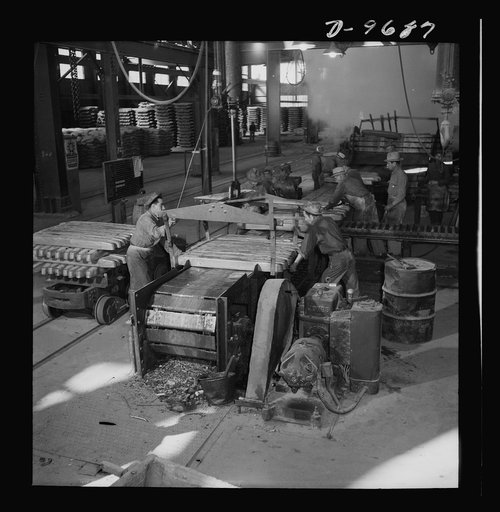 Production. Copper (refining). Copper ingots on conveyors at a large copper refining operation. Large amounts of copper are produced for the war effort at the El Paso, Texas plant of Phelps-Dodge Refining Company