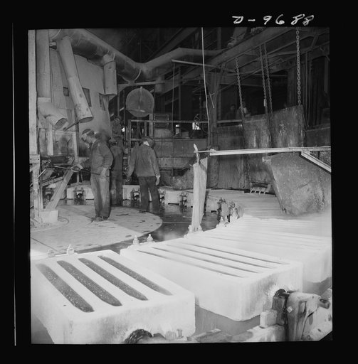 Production. Copper (refining). Casting house in a large copper refining operation. Here sheets of pure copper, formed by electrolysis, are melted and cast into ingots. Large amounts of copper are produced for the war effort at the El Paso, Texas plant of Phelps-Dodge Refining Company