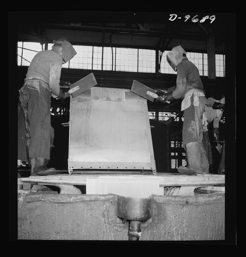 Production. Copper (refining). Sheets of copper produced by electrolysis at a large refining operation. These will be melted and cast into ingots. Large amounts of copper are produced for the war effort at the El Paso, Texas plant of Phelps-Dodge Refining Company