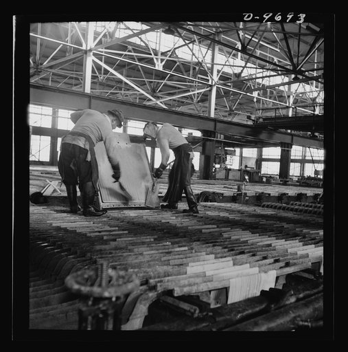 Production. Copper (refining). Sheets of copper produced by electrolysis at a large refining operation. These will be melted and cast into ingots. Large amounts of copper are produced for the war effort at the El Paso, Texas plant of Phelps-Dodge Refining Company