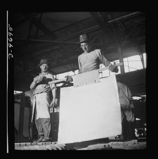 Production. Copper (refining). Sheets of copper produced by electrolysis at a large refining operation. These will be melted and cast into ingots. Large amounts of copper are produced for the war effort at the El Paso, Texas plant of Phelps-Dodge Refining Company