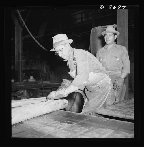 Production. Copper (refining). Trimming bars of pure copper at a large refining operation. Large amounts of copper are produced for the war effort at the El Paso, Texas plant of Phelps-Dodge Refining Company