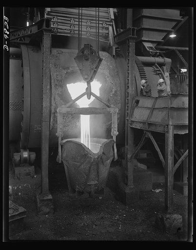 Production. Copper. Molten copper pouring from a converter at the Garfield, Utah smelter of the American Smelting and Refining Company. This plant is producing vast quantities of the copper so vital for war purposes