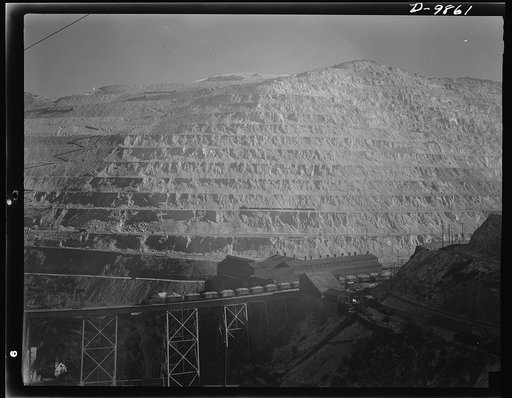 Production. Copper (mining). Open-pit workings of the Utah Copper Company at Bingham Canyon, Utah. This is the Carr Fork side from which the company obtains huge amounts of ore. The Carr Fork Bridge and main shops appear in the foreground