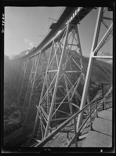 Utah Copper: Bingham Mine. A section of trestle of the Carr Fork bridge at the Bingham Canyon workings of the Utah Copper Company
