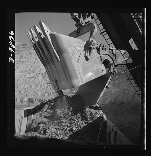 Utah Copper: Bingham Mine. Dipper of a huge ore-loading shovel at the open-pit mining operations of Utah Copper Company at Bingham Canyon, Utah
